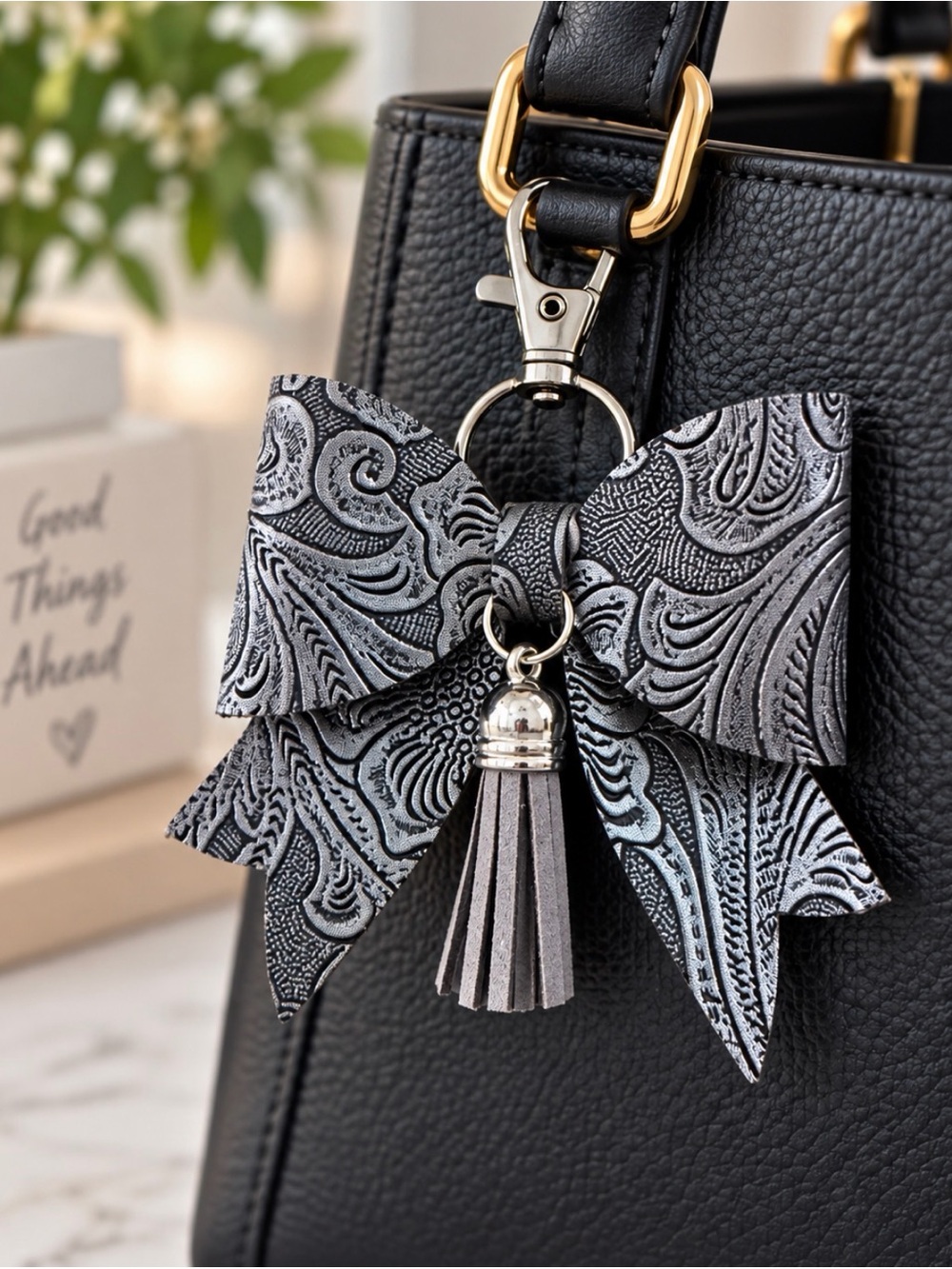 Silver Faux Leather Embossed Bow Bag Charm Key Chain